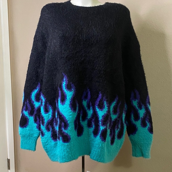 Adika Sweaters - Adika Black heavy knit goth rock Sweater Blue and Purple Flames 🖤🖤☠️